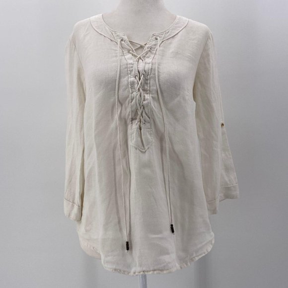Anthropologie Tops - Anthropologie Mauve Linen White Tie Top Women’s 0